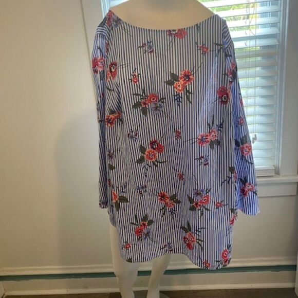 Liz Claiborne Womans Blue/White stripe Floral long sleeve tunic, size 1X - Picture 1 of 3